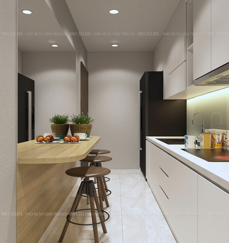 Thiết kế bếp dài căn hộ chung cư 60m2